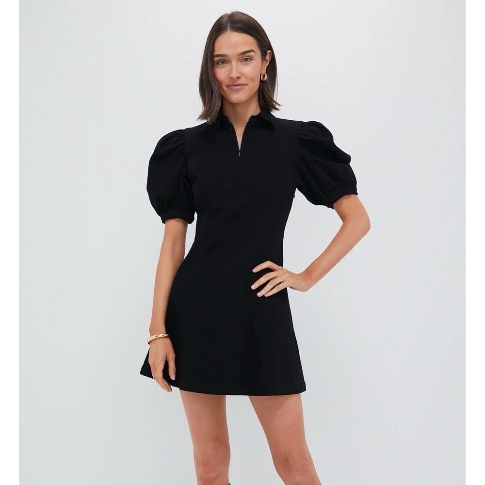 Hyacinth House Black Front Zip Denim A-Line Mini Dress Puff Sleeve L